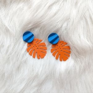 Blue and orange monstera tropical leaf earrings